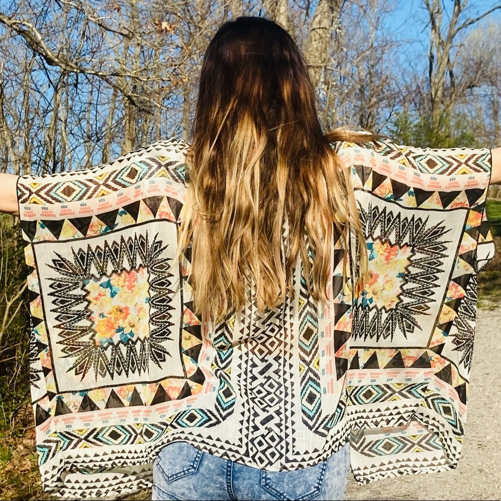 Aztec Print Boho Hippie Kimono Duster Shaw - Picture 8 of 11